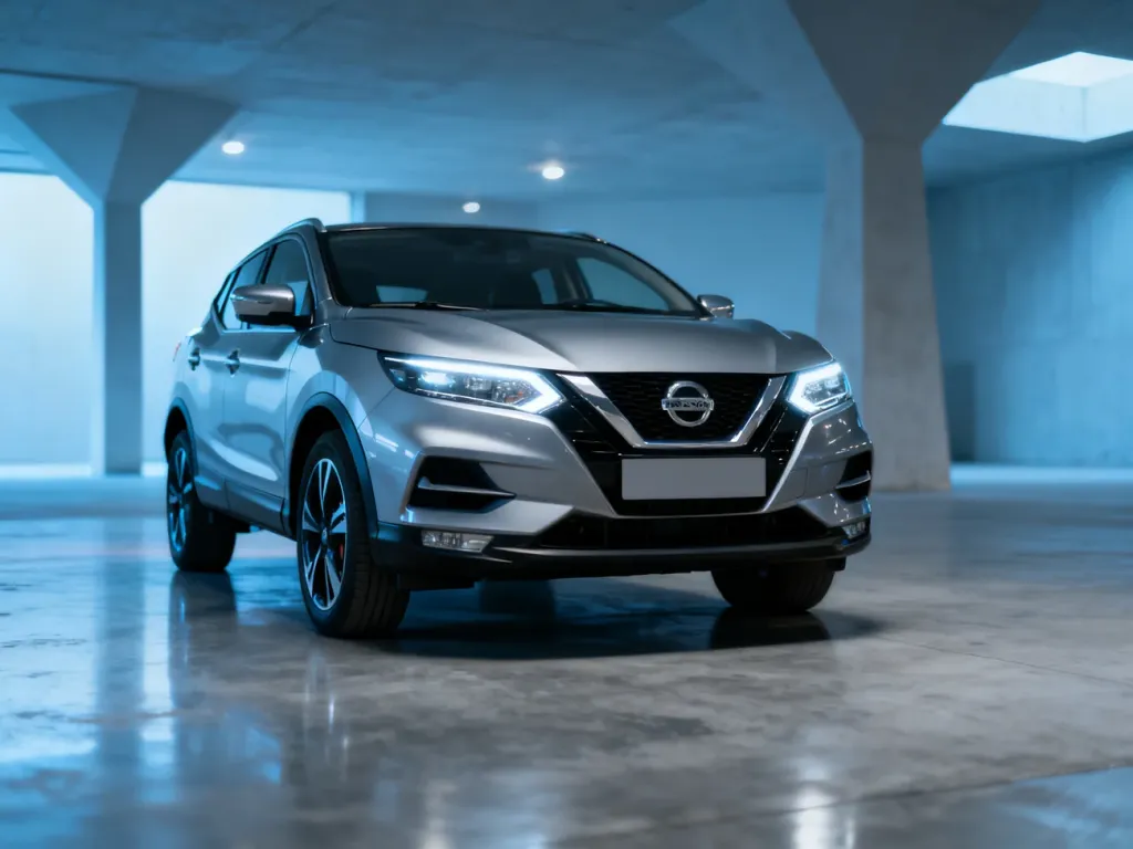 Srebrny Nissan Qashqai II zaparkowany w nowoczesnym, minimalistycznym garażu z oświetleniem podkreślającym detale nadwozia.