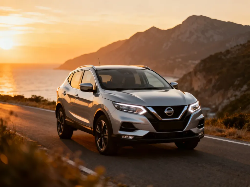 Srebrny Nissan Qashqai III zaparkowany na malowniczej nadmorskiej drodze podczas zachodu słońca.