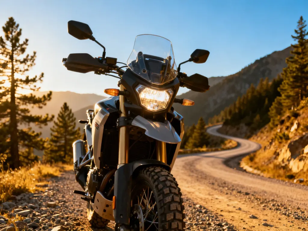 Suzuki V-Strom 800DE zaparkowane na szutrowej drodze w górach podczas złotej godziny. Widok na detale przedniej części motocykla.