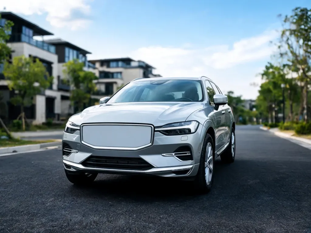 Srebrne Volvo XC60 I z przodu na ulicy, eksponujące grill i reflektory, ilustrujące model opisywany w danych technicznych.