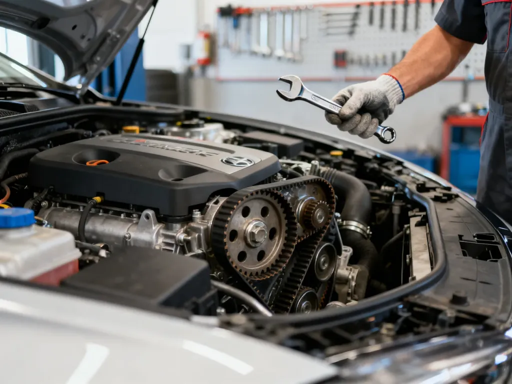 Mechanik przy silniku 1.5 TSI, wskazuje miejsce wymiany rozrządu i kontroluje stan paska timingowego.