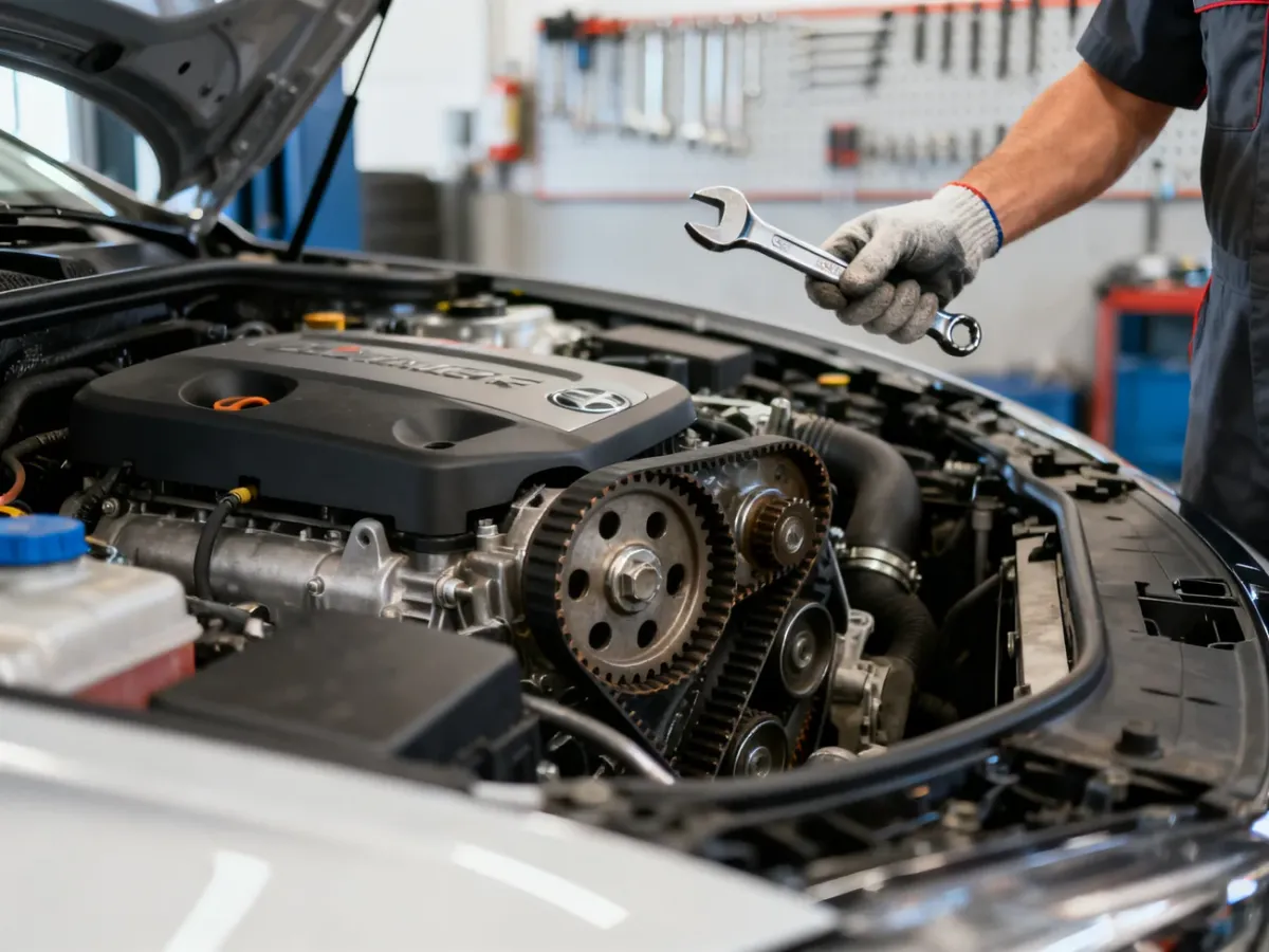 Mechanik przy silniku 1.5 TSI, wskazuje miejsce wymiany rozrządu i kontroluje stan paska timingowego.