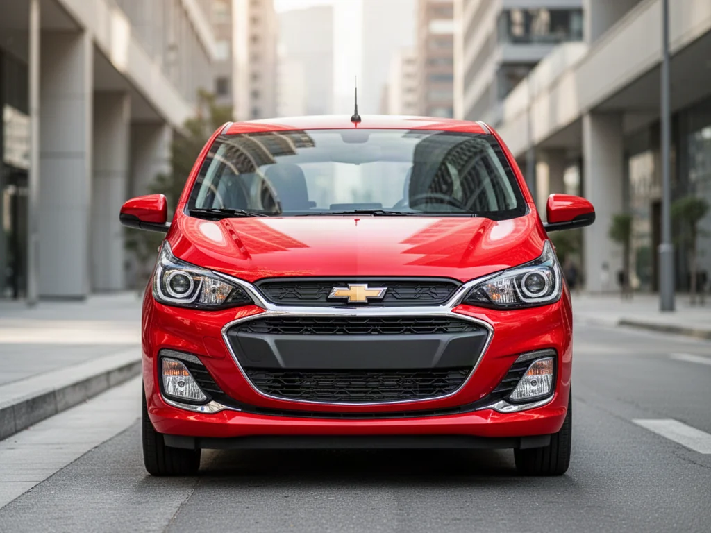 Czerwony Chevrolet Spark zaparkowany na nowoczesnej ulicy miasta. Widok z przodu prezentujący miejski styl samochodu.