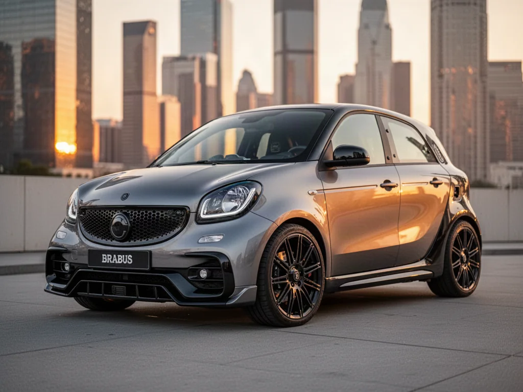 Nowoczesny Smart Brabus zaparkowany na tle miejskich wieżowców w świetle zachodzącego słońca.