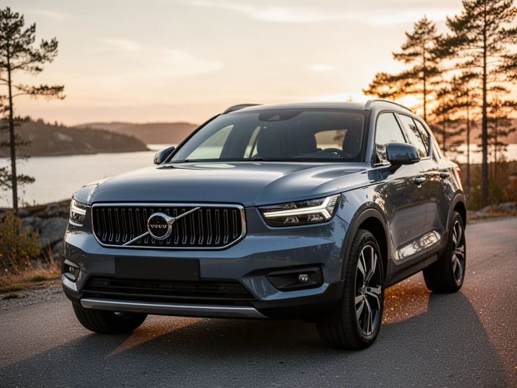 Nowoczesne Volvo XC40 zaparkowane na malowniczej nadmorskiej drodze podczas zachodu słońca.