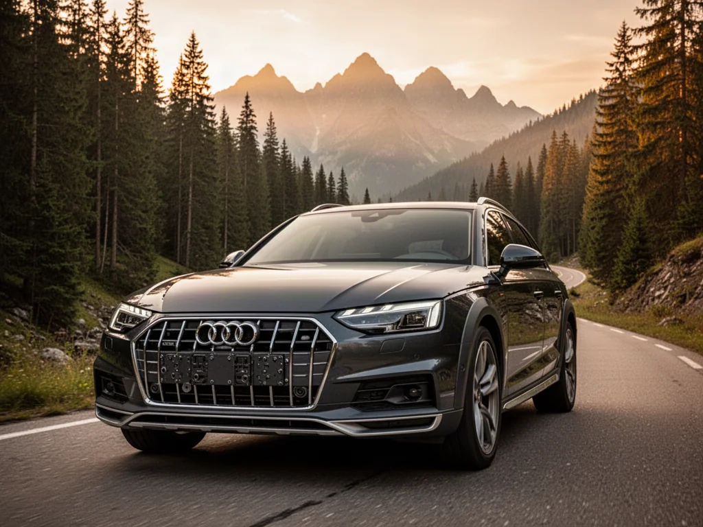 Audi A4 allroad zaparkowane na malowniczej górskiej drodze w świetle zachodzącego słońca.