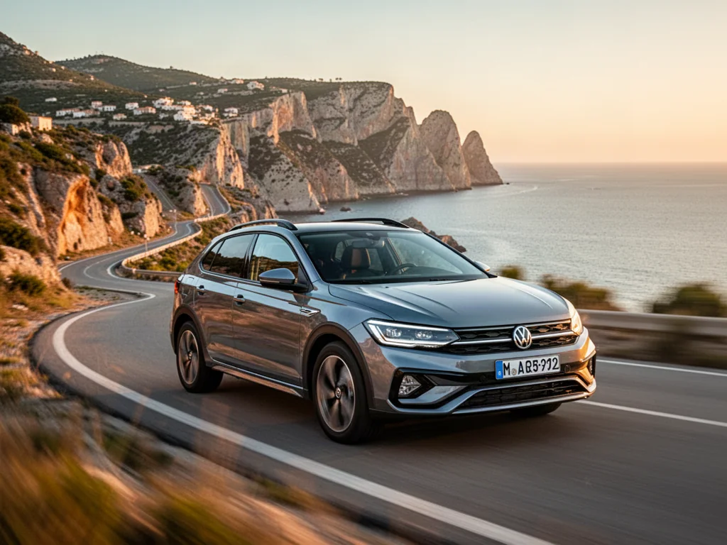 Nowoczesny Volkswagen Taigo jadący krętą nadmorską drogą w blasku zachodzącego słońca.