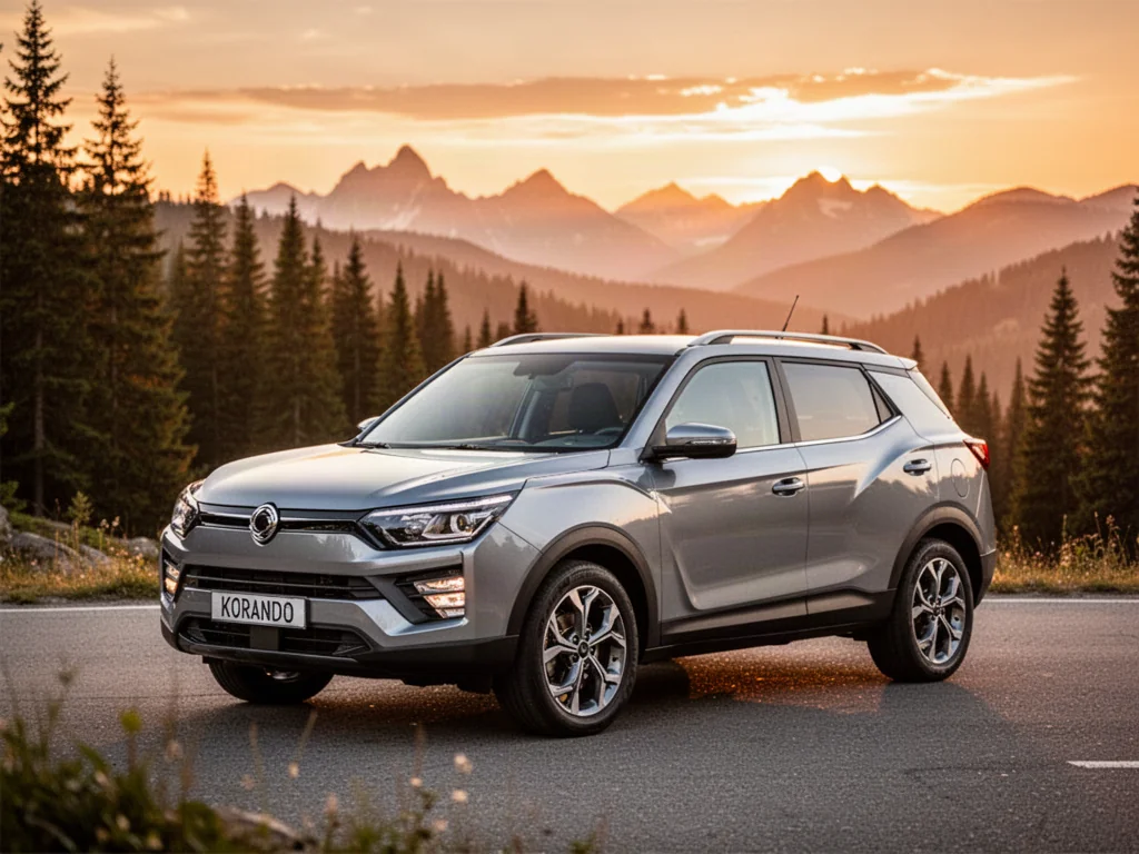 Srebrny SsangYong Korando zaparkowany na górskiej drodze w blasku zachodzącego słońca.