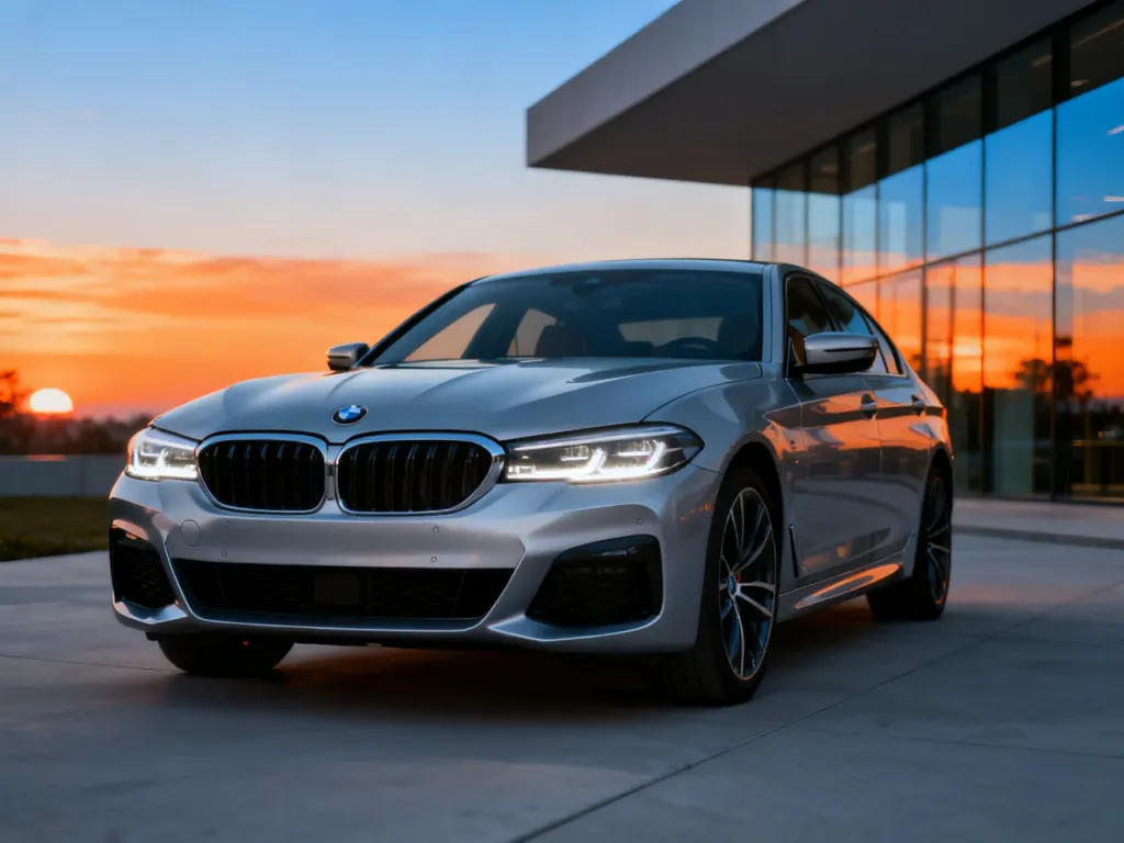 Srebrne BMW serii 3 G20 zaparkowane na nowoczesnym podjeździe o zachodzie słońca, podkreślające dynamiczny design auta.