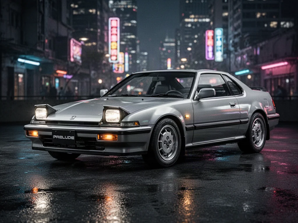 Srebrna Honda Prelude z charakterystycznymi otwieranymi reflektorami na tle nocnego miasta.