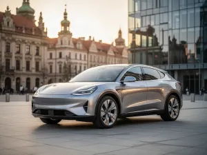 Czerwona Mazda RX7 z charakterystycznymi otwieranymi reflektorami zaparkowana na tle nadmorskiego krajobrazu o zachodzie słońca.