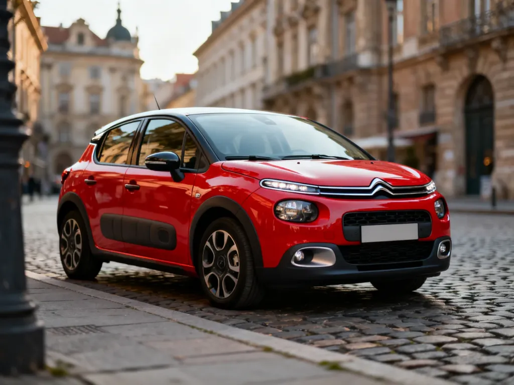 Nowoczesny Citroen C3 zaparkowany na brukowanej ulicy w europejskim mieście z zabytkową architekturą w tle.
