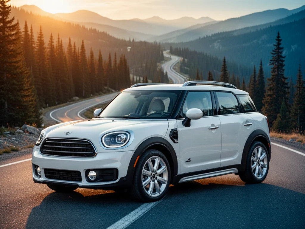 Biały Mini Countryman zaparkowany na malowniczej górskiej drodze podczas złotej godziny.