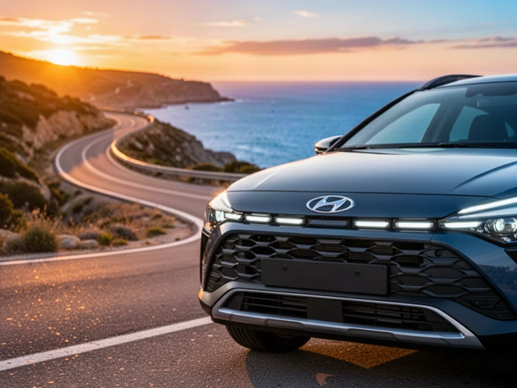 Nowoczesny Hyundai Bayon zaparkowany na malowniczej nadmorskiej drodze podczas zachodu słońca.
