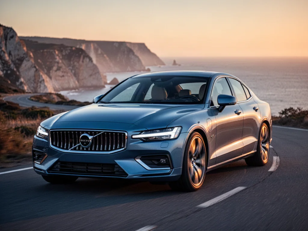 Nowoczesne Volvo S60 T8 zaparkowane na malowniczej nadmorskiej drodze podczas złotej godziny.