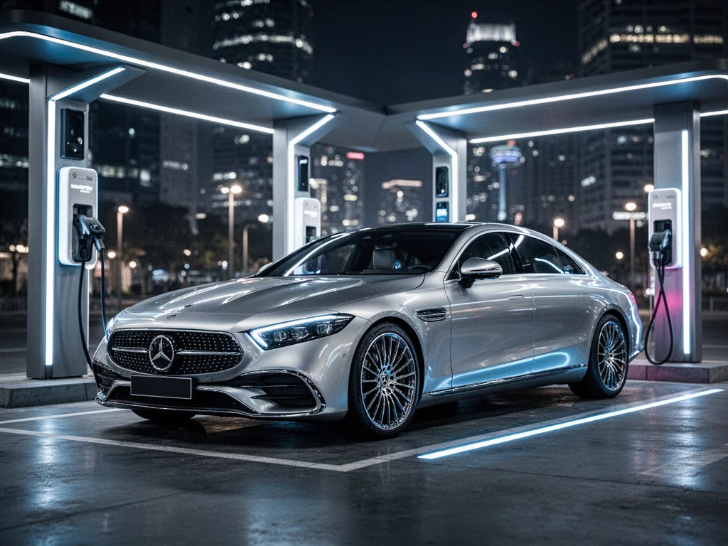Nowoczesny, srebrny Mercedes EQE zaparkowany na futurystycznej stacji ładowania w nocnej scenerii miasta.