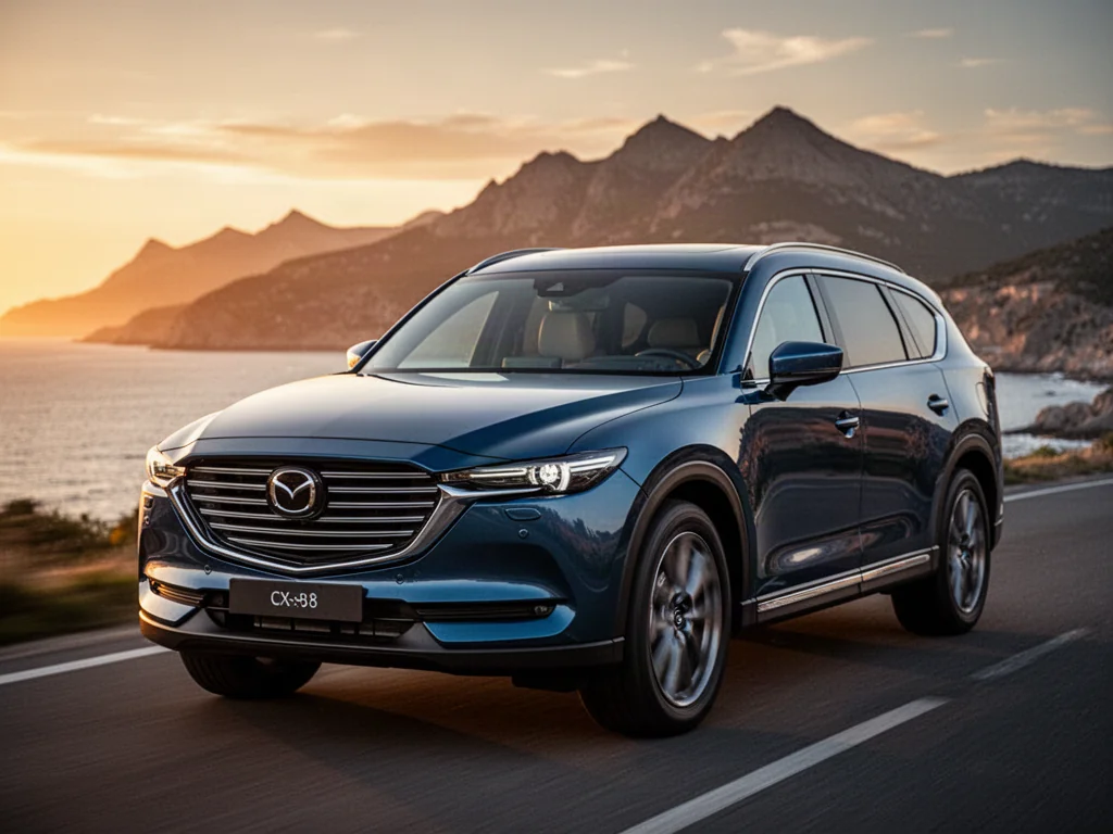 Nowoczesna Mazda CX-80 zaparkowana na malowniczej nadmorskiej drodze podczas zachodu słońca.