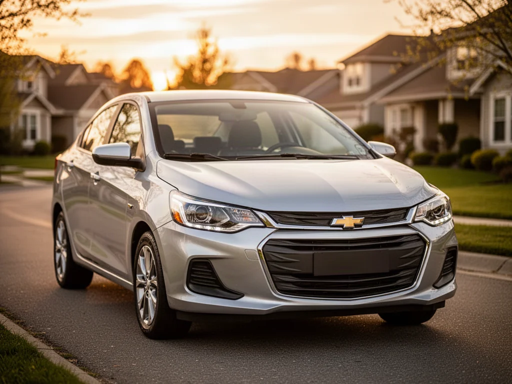 Srebrny Chevrolet Aveo zaparkowany na cichej ulicy w świetle zachodzącego słońca, podkreślającym nowoczesną stylistykę auta.