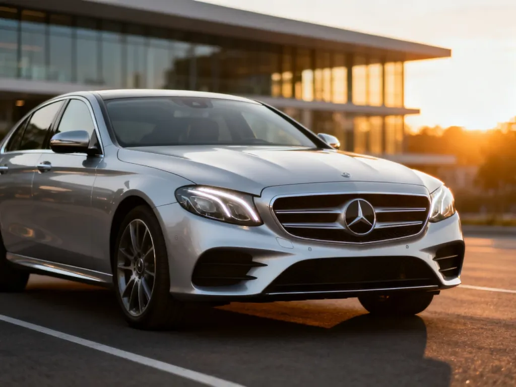 Srebrny Mercedes Klasy E W213 zaparkowany na tle nowoczesnego budynku w świetle zachodzącego słońca.