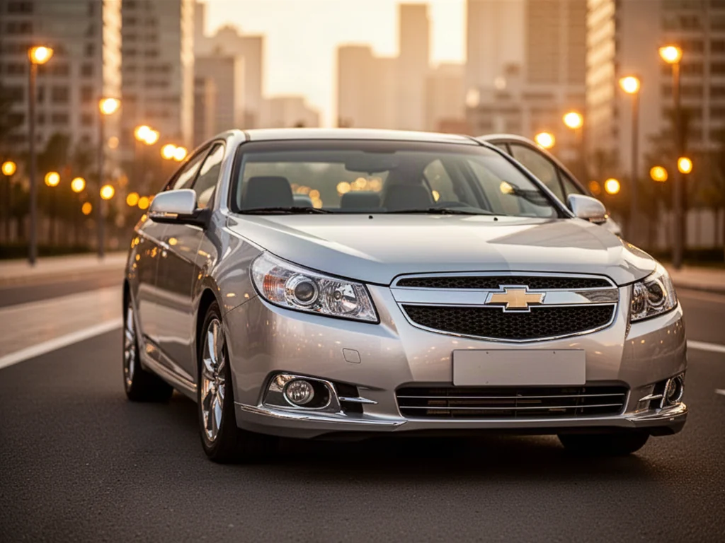 Srebrny sedan Chevrolet Epica zaparkowany na miejskiej drodze w blasku zachodzącego słońca.