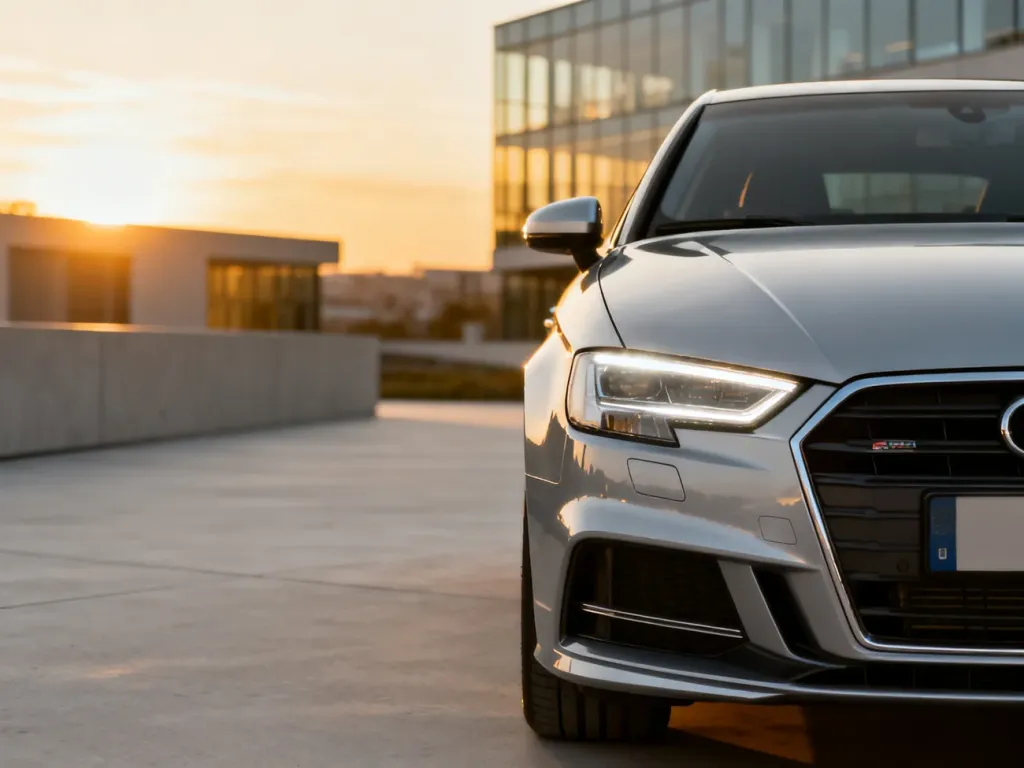 Srebrne Audi A3 8Y zaparkowane na tle nowoczesnej architektury podczas zachodu słońca, eksponujące detale przedniego pasa.