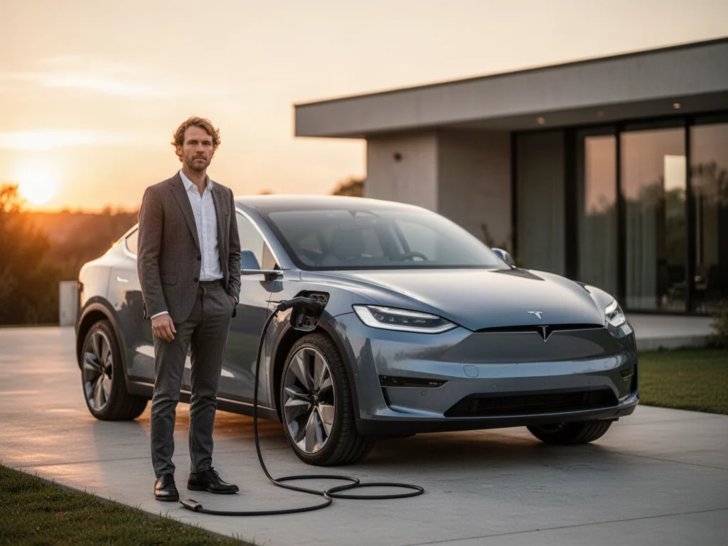 Mężczyzna ładujący elektryczną Skodę Enyaq na podjeździe nowoczesnego domu w świetle zachodzącego słońca.