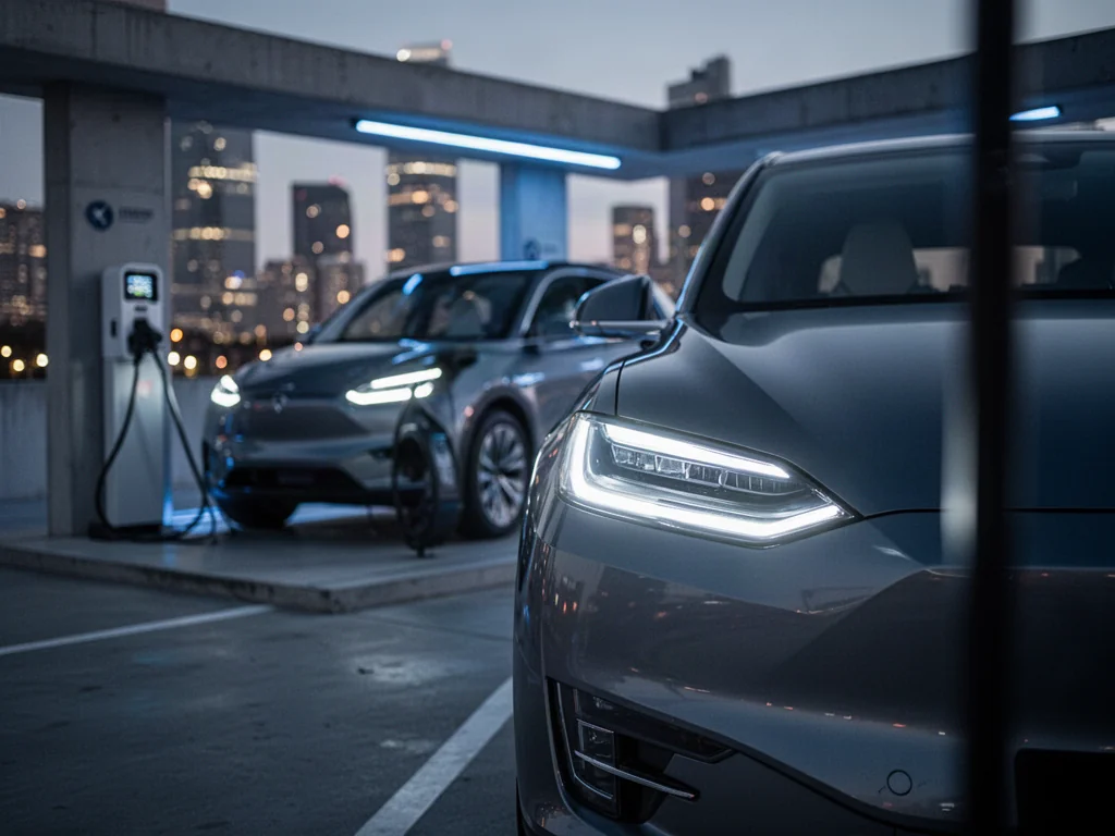 Nowoczesny elektryczny SUV Audi Q6 e-tron z futurystycznymi reflektorami LED podczas ładowania o zmierzchu.