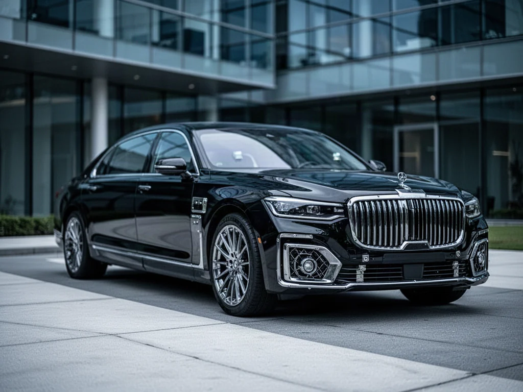 Opancerzony sedan BMW serii 7 zaparkowany na nowoczesnym podjeździe, prezentujący detale wzmocnionej konstrukcji pojazdu.