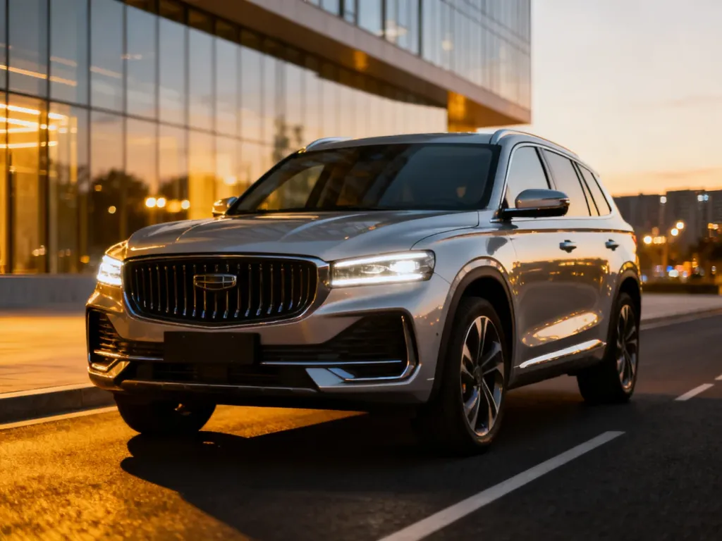 Srebrny Volkswagen Tiguan zaparkowany na nowoczesnej ulicy w świetle zachodzącego słońca.