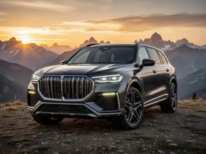 Biały Hyundai Palisade zaparkowany na nadmorskiej drodze podczas zachodu słońca, podkreślający nowoczesny design SUV-a.