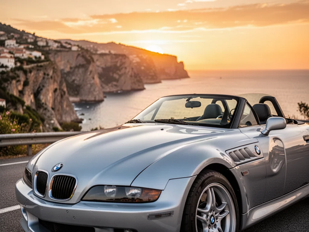 Srebrny kabriolet BMW Z3 zaparkowany na malowniczej nadmorskiej drodze podczas zachodu słońca.