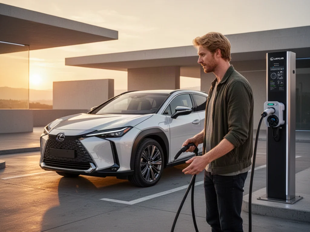 Biały Lexus RZ zaparkowany przy nowoczesnej stacji ładowania podczas zachodu słońca, z kierowcą podłączającym auto do prądu.