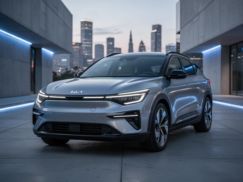 Nowoczesny elektryczny crossover Kia EV4 zaparkowany na tle futurystycznego miasta o zmierzchu.