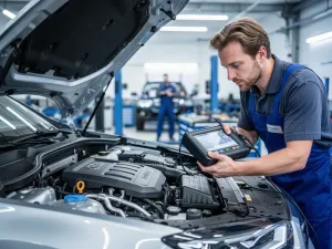 Szary Peugeot 508 RXH zaparkowany na malowniczej górskiej drodze podczas złotej godziny.