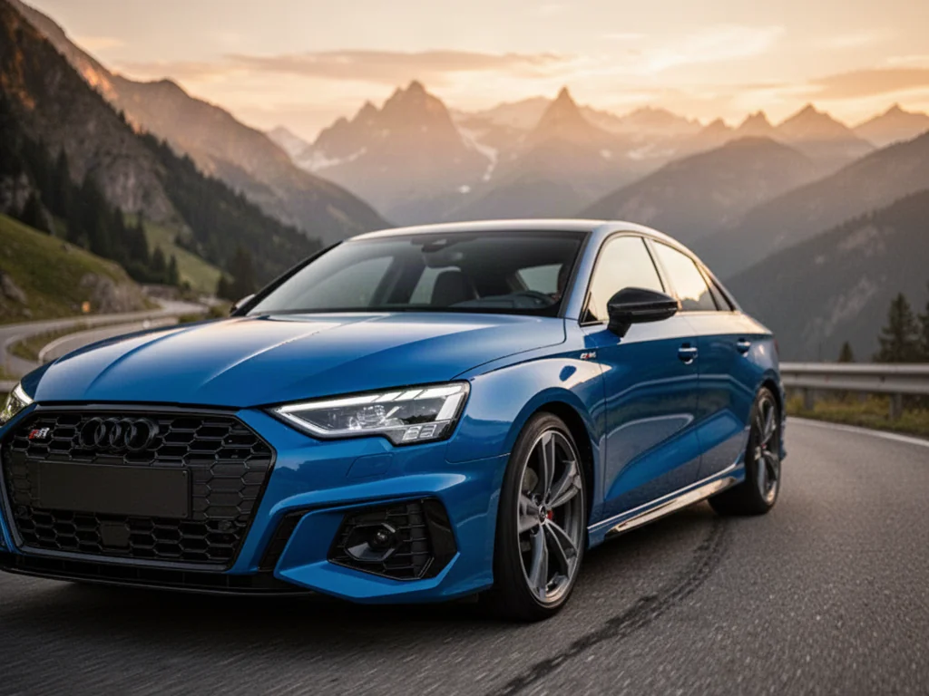 Niebieskie Audi S3 zaparkowane na krętej górskiej drodze w blasku zachodzącego słońca.