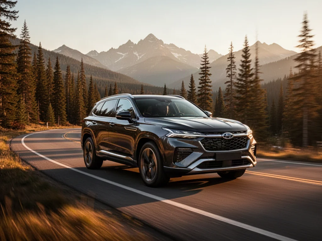 Nowoczesny Jeep Grand Cherokee jadący górską drogą w świetle zachodzącego słońca, podkreślający dynamiczny charakter auta.