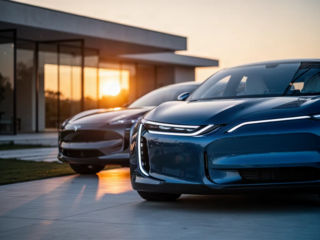 Nowoczesny elektryczny SUV Kia EV3 zaparkowany na podjeździe w świetle zachodzącego słońca. Widok na futurystyczne reflektory.