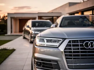 Srebrny Volkswagen Atlas zaparkowany na malowniczej górskiej drodze w świetle zachodzącego słońca.