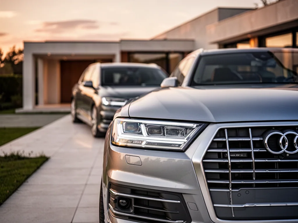 Srebrne Audi Q7 zaparkowane przed nowoczesną willą w świetle zachodzącego słońca. Widok na charakterystyczny grill i reflektory.