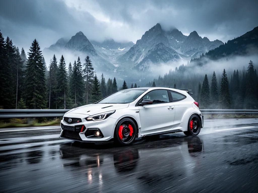 Biały Toyota GR Yaris dynamicznie pokonuje mokrą, górską drogę w otoczeniu mglistych lasów i szczytów.