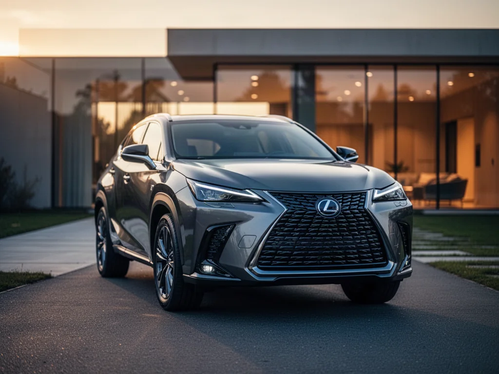 Nowoczesny SUV Lexus NX 450h+ zaparkowany na podjeździe w świetle zachodzącego słońca, podkreślającym jego dynamiczny design.