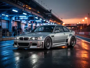 Czarny BMW F10 z charakterystycznym grillem i reflektorami LED na mokrym asfalcie w wieczornej scenerii miasta.