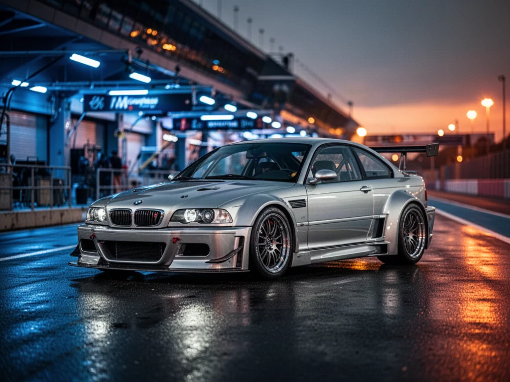 Srebrne BMW M3 GTR z szerokim nadwoziem zaparkowane na mokrym torze wyścigowym w wieczornym oświetleniu.