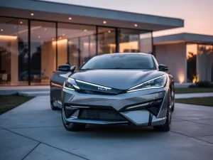 Szary Audi A7 zaparkowany na nowoczesnym podjeździe o zachodzie słońca, podkreślający aerodynamiczną sylwetkę auta.
