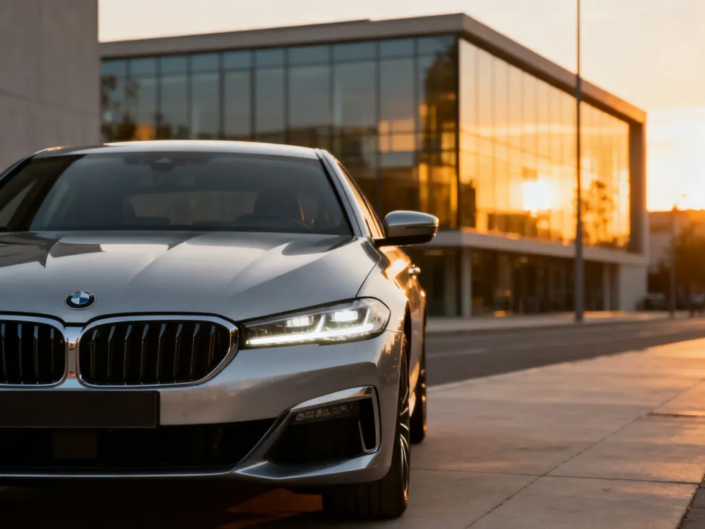 Srebrny sedan Škoda Superb zaparkowany na nowoczesnej ulicy w blasku zachodzącego słońca. Widok na szczegóły przedniego pasa auta.