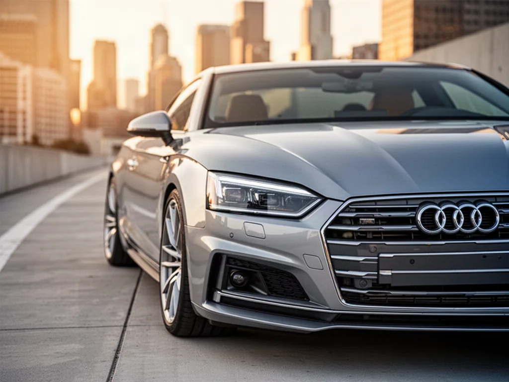 Srebrne Audi A5 zaparkowane na miejskiej ulicy w świetle zachodzącego słońca, z wyeksponowanym reflektorem i przednim grillem.