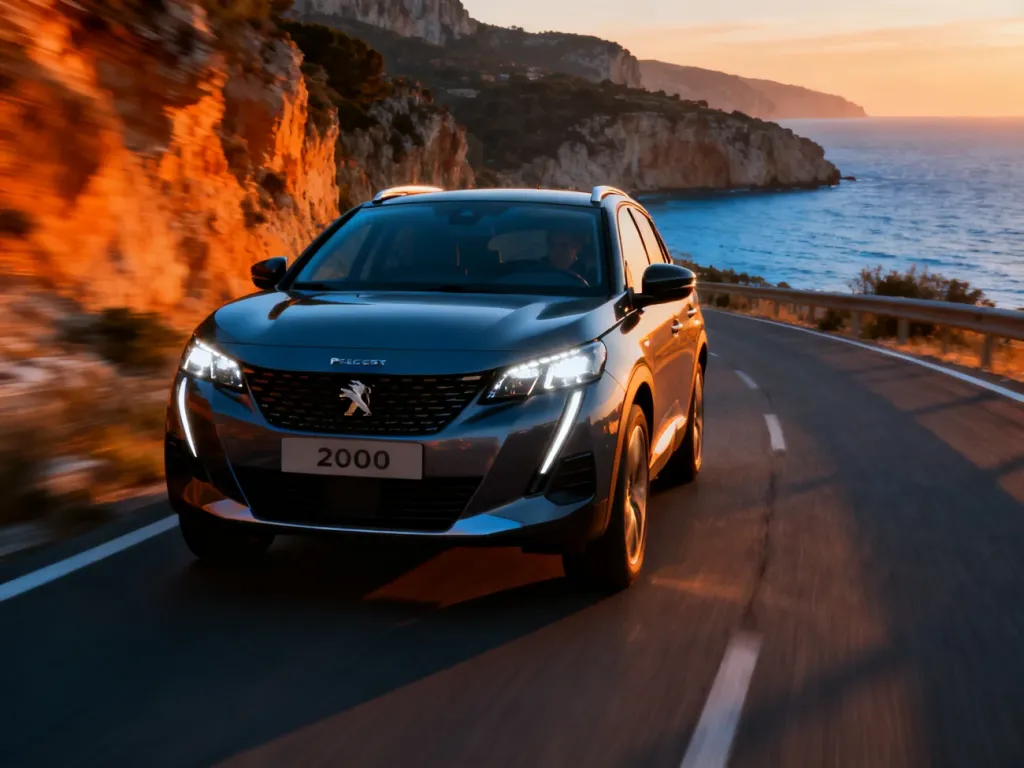 Nowoczesny Peugeot 2008 jadący nadmorską drogą w świetle zachodzącego słońca, podkreślającym charakterystyczne reflektory LED.
