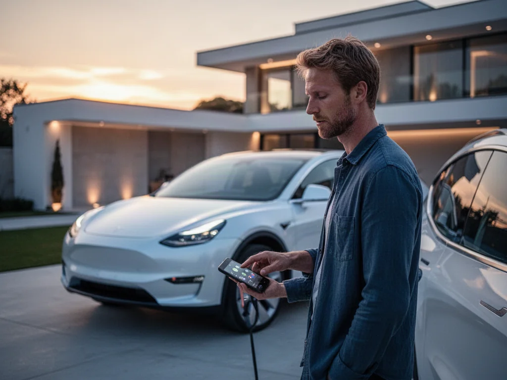 Biały elektryczny SUV Leapmotor C10 zaparkowany przed nowoczesną willą podczas zachodu słońca. Mężczyzna obsługuje ekran auta.