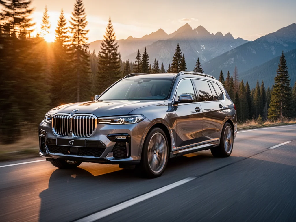 Nowoczesny SUV BMW X7 jadący górską drogą w świetle zachodzącego słońca.