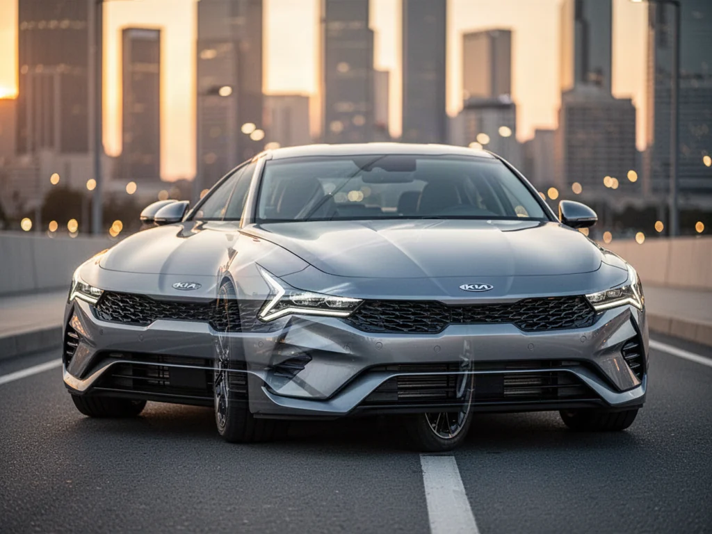 Srebrny sedan Kia K5 zaparkowany na drodze o zachodzie słońca, eksponujący nowoczesne reflektory i aerodynamiczny grill.